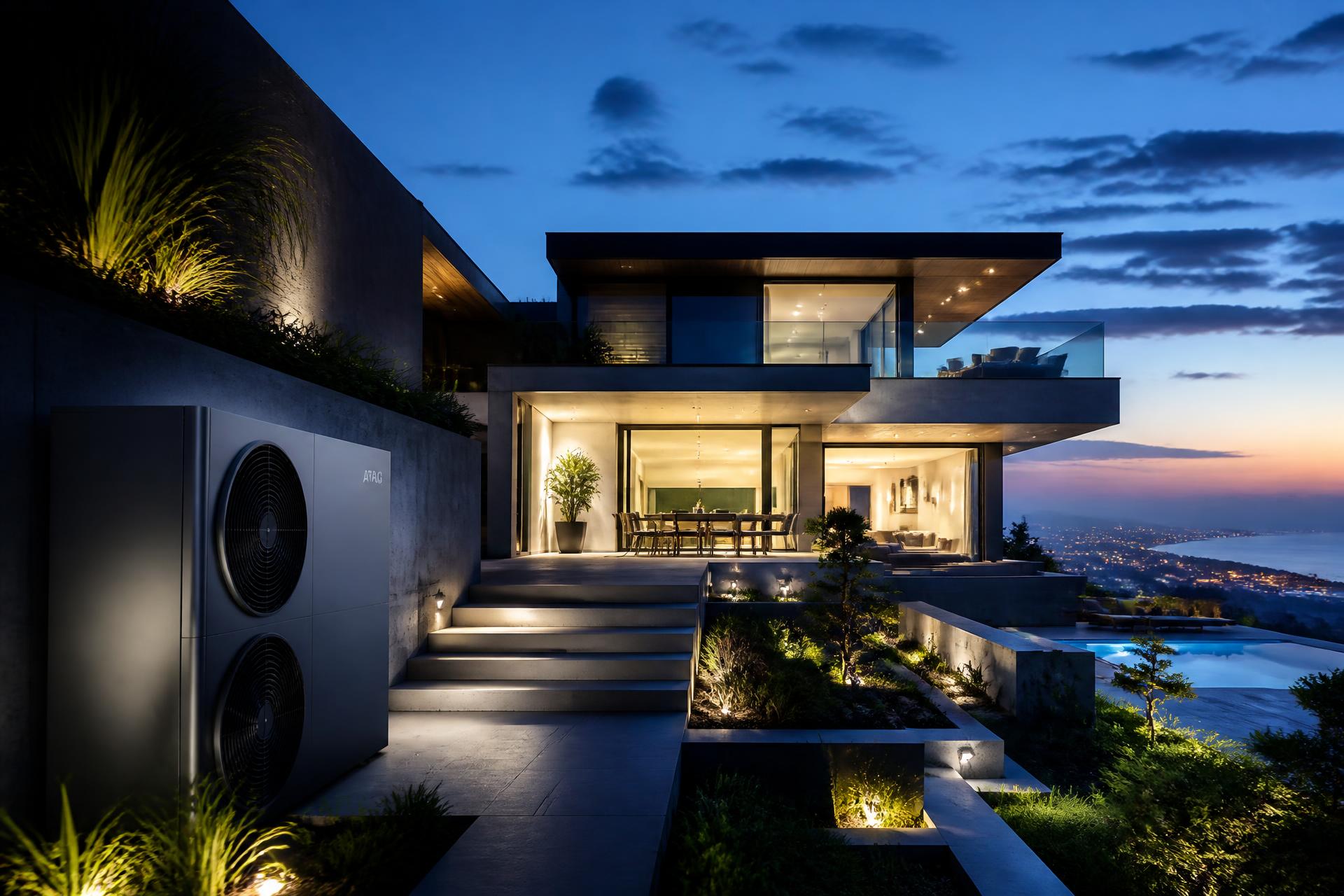Modern glass estate with premium heat pump at blue hour